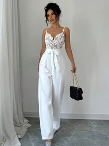 Chiquease Bộ đồ liền thân ren vá lưng cao cổ chữ V gợi cảm thanh lịch dành cho nữ, thích hợp mặc dự tiệc, hẹn hò ban đêm và mặc hàng ngày, mùa thu/đông - trắng - Xem 4
