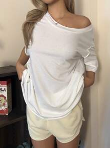 SHEIN Essnce White Casual And Simple Drop Shoulder Women's T-Shirt, Suitable For Summer