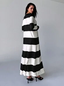 Aloruh Conjunto de 2 piezas para mujer de otoño: Elegante vestido tubo de bloques de color con rayas y chaqueta larga. Un conjunto de 2 piezas para el tiempo libre y la comodidad en el hogar de la mujer, y un sencillo conjunto de vestido para ir al trabajo con rayas en blanco y negro