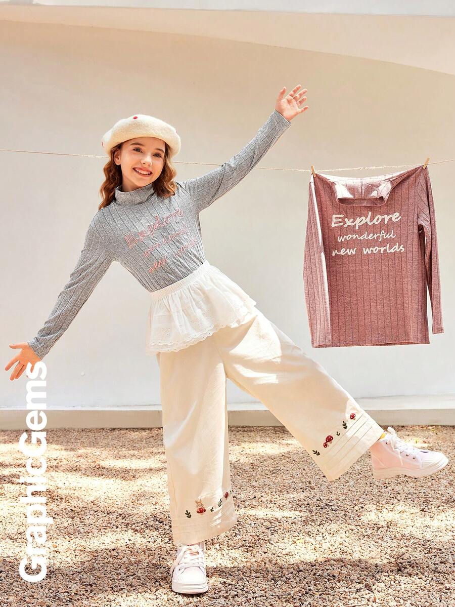 2pcs Tween Girl Embroidered Mock Neck Long Sleeve Thermal Base Layer Tee, Warm - Multicolor - View 1