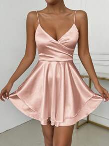SHEIN Unity Women's Sexy Solid Color Multi-Layer Hem Short Camisole Dress, Summer - Pink - View 3