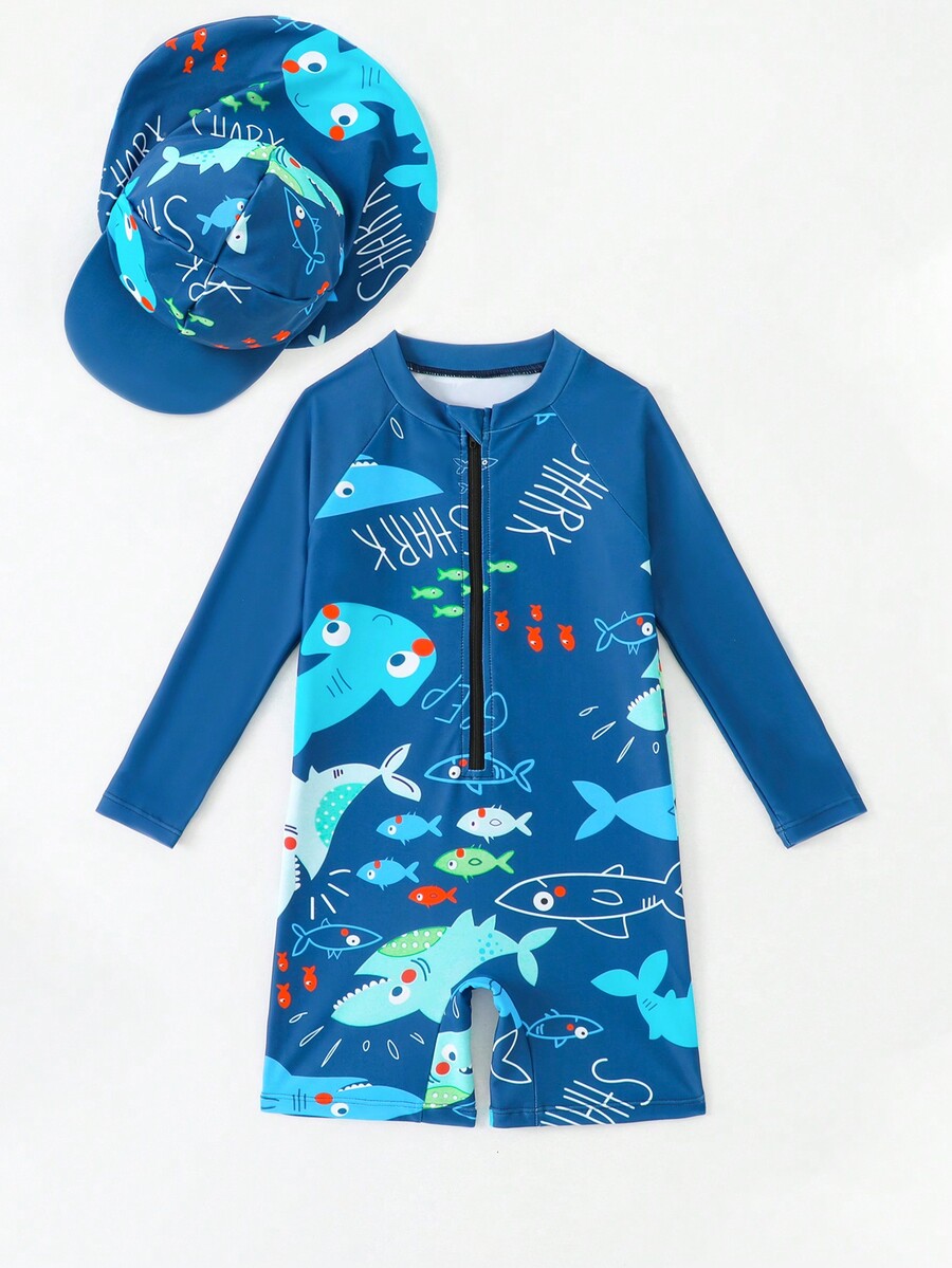 Young Boy Cartoon Print Half Zipper Long Sleeve Rash Guard & Swimming
