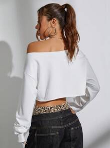 SHEIN Unity Sexy Solid Color Asymmetric Neck Long Sleeve Cropped Sweatshirt,Long Sleeve Top,Graduation,Teacher,Back To School Pullover Fall - White - View 2