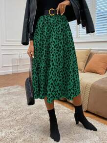 SHEIN LUNE Chân váy midi họa tiết da báo thanh lịch và thời trang dành cho nữ - màu xanh lá - Xem 3