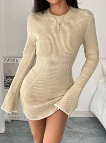 Flirla Women Solid Color Round Neck Casual Long Sleeve Knitted Sweater Dress