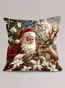 1pc 17.7x17.7 Inch Modern Style Christmas Santa And Reindeer Pattern Soft Velvet Throw Pillow Cover With Zipper Closure, Machine Washable, Polyester, Single-Side Print Decorative Cushion Case For Living Room - Multicolor - View 4
