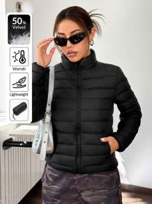 SHEIN EZwear Lightweight Stand Collar Slant Pocket Down& Feathers Coat For Women, Winter Clothes