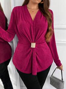SHEIN Frenchy Plus Size Women's Solid Color V-Neck Long Sleeve Ruched Elegant T-Shirt, Autumn - Rose Red - View 1