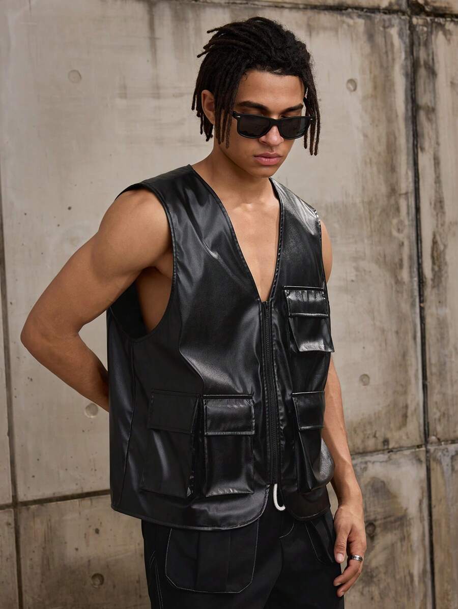 Forever 21 男士仿皮背心（秋冬款） - 黑色 - 查看 1