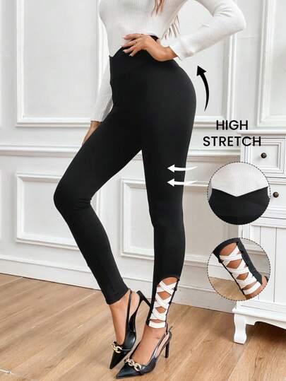 SHEIN Clasi Women Elegant & Comfortable Daily Wear Black & White Burnout Hollow Tie-Up Color Blocking Long Leggings