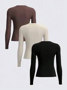 SHEIN BASICS 3 stuks/set dames casual effen kleur geribbelde ronde hals slim fit lange mouwen T-shirts