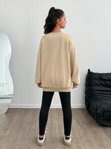 SHEIN Setelan Kasual 2 Potong untuk Remaja Perempuan: Sweatshirt Kerah Bulat dan Legging dengan Motif Huruf Warna Polos - Khaki - View 2