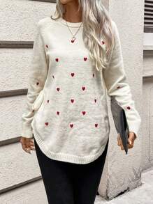 SHEIN Frenchy 女士心形图案圆领插肩袖长袖侧系带休闲毛衣，秋冬，情人节