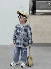 SHEIN 2pcs/Set Young Boys Casual Plaid Patchwork Hooded Cardigan Long Sleeve Top & Distressed Denim Pants Outfit,Suitable For Street Outdoor Autumn Spring - Black and White - View 9