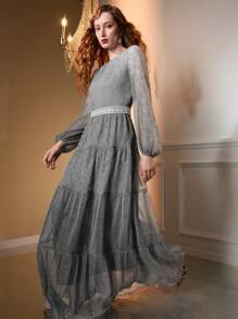 The Great Gatsby x MOTF GLITTER MESH OVERLAY LANTERN SLEEVE TIERED HEM FAUX PEARL WAIST EVENING DRESS