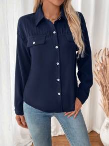 SHEIN LUNE 女士纯色前扣休闲长袖衬衫 - 藏蓝色 - 查看 4