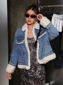 SHEIN Y2K 风格少女蓝色牛仔布和米色保暖衬里翻领长袖夹克，厚垫中长款牛仔外套，适合学生秋冬季，蓬松复古外套 - 淺色水洗藍 - 查看 3