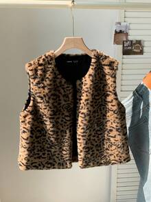 Comfortcana 秋冬时尚豹纹毛绒背心 - 咖啡棕 - 查看 3
