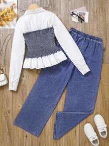 SHEIN Fall Clothes 2pcs/Set Teen Girls White Collared Long Sleeve Top & Blue Denim Wide Leg Jeans Pants