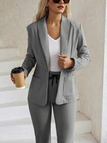 EMERY ROSE Textured Lapel Cardigan Top & Drawstring Waist Tapered Ankle Pants Women Suit Set - Grey - View 3