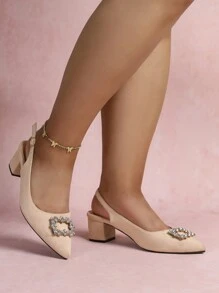 CUCCOO CURVES Wide Fit Women's Rhinestone Decor Pointy Toe Chunky Heel Backstrap Open Toe Party Elegant High Heels, Spring/Autumn For Christmas And New Year Holiday Vibe Fall And Winter Valentines