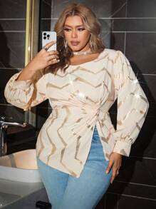 Calvaya 秋季大码休闲金箔印花扭纹前圆领长袖衬衫 - 杏色 - 查看 4