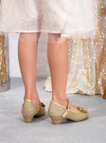 1 đôi giày cao gót thấp trang trí nơ thời trang đa năng cho bé gái, mọi mùa - Vàng - Xem 7