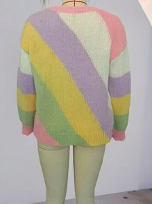 INAWLY Femme Pull décontracté à col rond à manches longues multicolore en patchwork - Multicolore - Voir 2