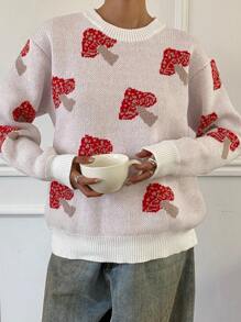 DAZY Allover Print Jacquard Contrast Color Splice Sweater, Women Pullover,Fall Women Clothes