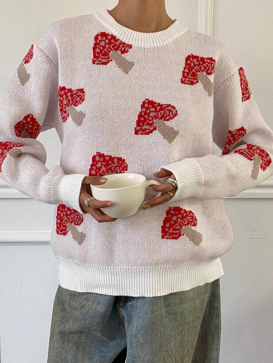 DAZY Allover Print Jacquard Contrast Color Splice Sweater, Women Pullover,Fall Women Clothes