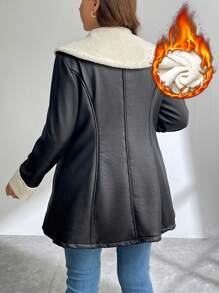 SHEIN Privé 大码优雅蓬松领人造皮革衬里加垫保暖收腰夹克，秋冬款 - 黑色 - 查看 2