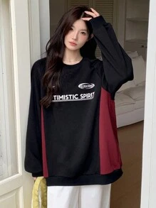 DAZY Sudadera con estampado de letras y bloques de color para mujer, otoño/invierno