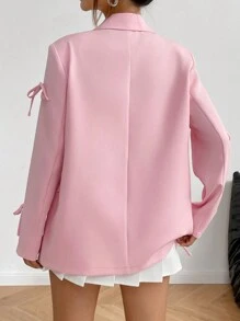 Rafferiza 1pc Women's Solid Color Stand Collar Long Sleeve Bowknot Blazer For Autumn Fall Cloth For Women - Pink - View 2