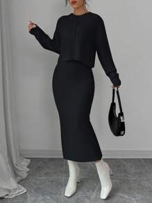 Selianne 2024 新款女式圆领长袖毛衣上衣和修身及膝长裙套装 2 件套 - 黑色 - 查看 4