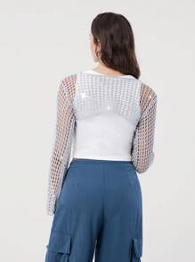 SHEIN EZwear 女士纯色镂空喇叭袖短款套头衫，秋季 - 銀色 - 查看 2