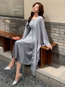 DAZY 2pcs Women Loose Fit Patchwork Cover-Up Dress Set,Fall Clothes - Blue - View 5