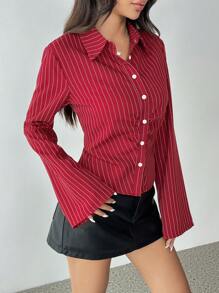 SHEIN X Lucía Bellido SHEIN Unity Striped Print Button Up Ruffle Long Sleeve Women Blouse Women Shirt - Multicolor - View 3