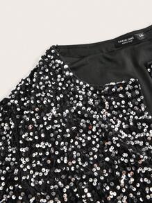 SHEIN BAE 秋季大码黑色和银色时尚亮片短款开衫夹克优雅夹克，适合正式约会和外出