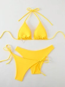 Swim Mod Set de 3 piezas de bikini para mujer de verano, de unicolor, con top halter sin espalda y nudo, conjunto con shorts triangulares