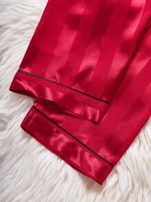 2pcs Tween Girl Pajama Set, Champagne Colored Striped Long Sleeve Cardigan And Long Pants, Casual Loungewear - Burgundy - View 7