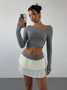 Aloruh 2pcs/Set Women Solid Color Long Sleeve Simple Sweater And Mini Skirt, Casual Outfit - Grey - View 5
