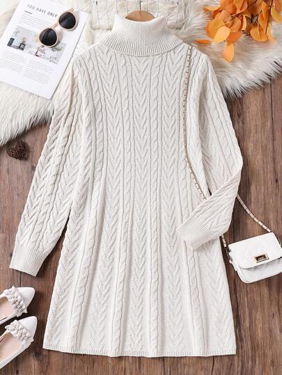 Teenage Girls Knitted Dress, Fashionable Elegant Warm White Turtleneck Long Sleeve Cable Knit Sweater Dress For Autumn/Winter