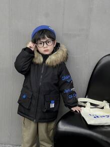 SHEIN Young Boy Street Style Long Hooded Removable Fur Lining Padded Coat, Fashionable Graphic, Multi-Pockets Design, Quality Fabric And Craftsmanship, Warm And Comfortable, Suitable For 4-7 Years Old Casual, School, Outing And Party Wear - Black - View 6