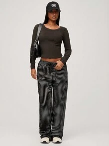 SHEIN BASICS Casual Woven Striped High Waist Wide Leg Loose Fit Women Pants