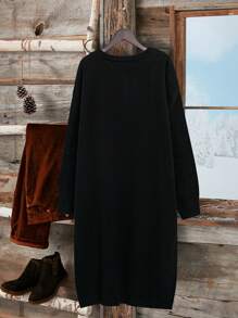 Đầm len dệt kim rộng rãi màu trơn đơn giản cỡ lớn trang trí nút - màu đen - Xem 2
