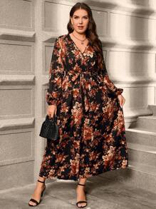 Reflora Vestido Midi Elegante de Manga Lanterna com Decote em V e Estampa Floral para Mulheres Plus Size, Ideal para Uso em Resorts - Preto - Visão 6