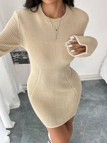Flirla Women Solid Color Round Neck Casual Long Sleeve Knitted Sweater Dress