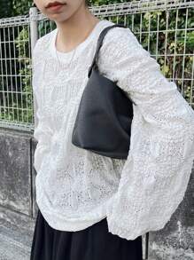 FRIFUL Camiseta de mujer casual sólida con textura y calado para otoño