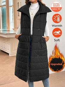 SHEIN LUNE Women's Solid Color Sleeveless Zip-Up Padded Coat With Pockets - Black - View 2