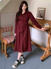 DAZY 女士系带中长款衬衫连衣裙，秋冬，秋季女装长袖连衣裙红色女装连衣裙